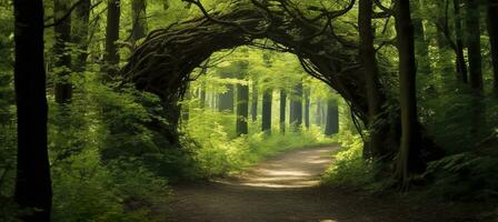 AI generated Natural archway shaped by branches in the forest. AI Generated photo