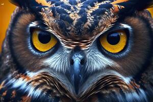 AI generated Owl headshot with closeup of face. Generative AI photo