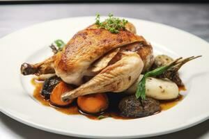 AI generated Plated chicken roast dinner on a white plate with carrot and morel mushroom. AI Generated. photo