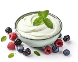 AI generated Green bowl of greek yogurt and fresh berries isolated on white background. AI Generated photo