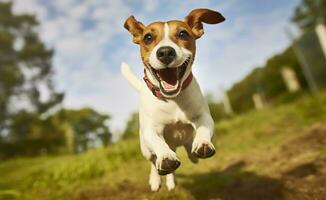 AI generated Jack Russel Parson Dog Run Toward The Camera Low Angle High Speed Shot. AI Generated photo