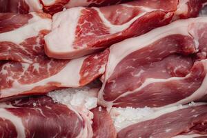 AI generated Macro shot of pork meat. Meat textured background. Beef steak is raw and juicy. AI Generated photo