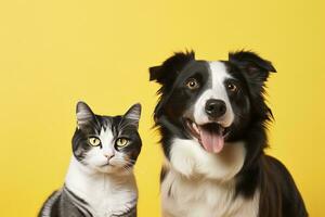 ai generado gato y perro juntos con contento expresiones en amarillo antecedentes. ai generado foto