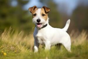 ai generado contento Jack Russell terrier mascota perro espera, escuchando en el césped. ai generado foto