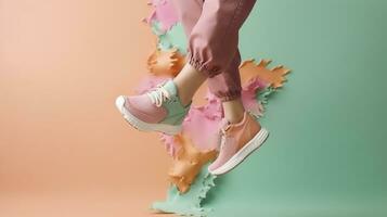 AI generated Flying trendy sneakers on creative colorful background, Stylish fashionable concept. AI Generated photo