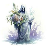 AI generated A stunning ghost holding flower bouquet and enjoying the festivities of Halloween,  AI Generated photo