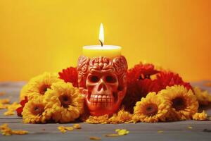 AI generated Candles and marigold flowers. Day of the dead concept dia de los muertos. AI Generated photo