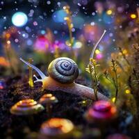 AI generated Iridescent Snail in a Fairy Forest, Close Up of a Shimmering Shell. AI Generative photo