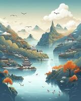 AI generated Chinese landscape mapdistant mountains flat illustration. Generative AI photo