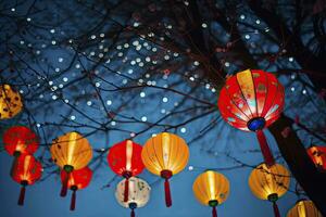 AI generated Colorful festival lanterns during the Chinese traditional holiday season. AI Generated photo
