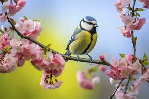 ai generado un bluetit pájaro descansando en el rama de un árbol. ai generado. foto