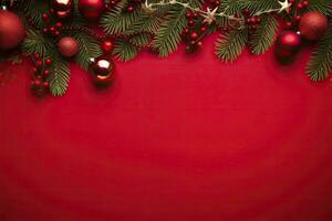 AI generated Christmas or New Year red background with fir decor. AI Generated photo