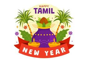 Happy Tamil New Year Vector Illustration with Vishu Flowers, Coconut, Candle, Pots and Indian Hindu Festival in Flat Cartoon Background Design