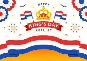 contento reyes Países Bajos día vector ilustración en 27 abril con ondulación banderas y cinta en Rey celebracion plano dibujos animados antecedentes diseño
