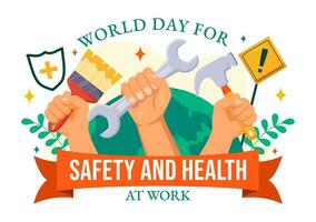 World Day for Safety and Health at Work Vector Illustration on April 28 with Mechanic Tool and Construction Helmet in Flat Cartoon Background