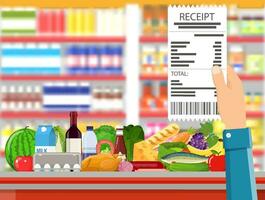 Supermarket store interior with goods. vector