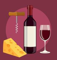 botella, vaso de vino queso y sacacorchos vector