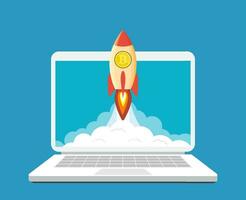 rocket flying over clouds with bitcoin icon vector