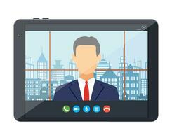 Tablet pc with internet conference app. vector