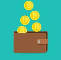 brown bitcoin wallet with coins vector