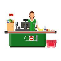 Woman cashier smiles buyer near the cash register vector