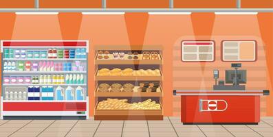 Supermarket store interior with goods. vector