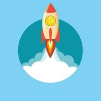 rocket flying over clouds with bitcoin icon vector