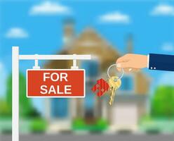 Sale placard sign. Hand of agent with keys. vector