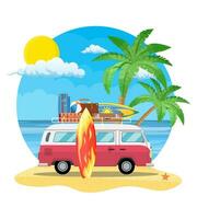 travel van with surfboard and suitcases vector