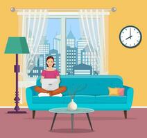 young woman using laptop at living room. vector