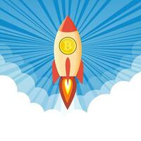 rocket flying over clouds with bitcoin icon vector