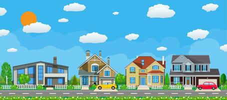 Private suburban houses with car, vector