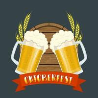 Glass of beer on a wooden barrel. vector