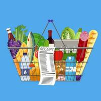 Plastic shopping basket full of groceries products vector