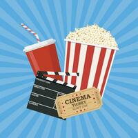 clapperboard and popcorn and ticket movie vector