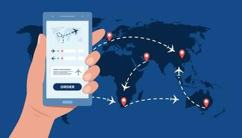 Hand with phone and mobile application for ordering tickets. World map with airplanes and pins. Vector illustration.