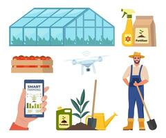 Farmer character and different farm elements. Greenhouse, fertilizers. Smart farming, drone in farm industry. Smartphone with app for control plants growing. Vector illustration.