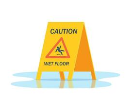 Wet floor warning vector sign in the middle of the spilled water. Yellow triangle with falling man in modern flat style. Vector illustration.