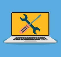 Laptop with wrench and screwdriver on screen. vector