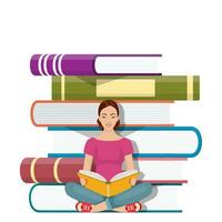 Young Woman Sitting on the Stack of Books vector