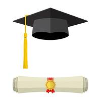 Graduation cap and rolled diploma scroll. vector