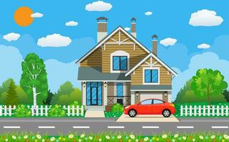 Private suburban house with car, vector