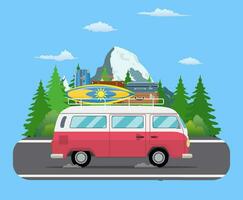 Road travel trailer driving on forest area road. vector
