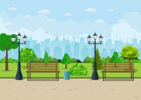 Bench with tree and lantern in the Park. vector