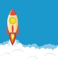 rocket flying over clouds with bitcoin icon vector