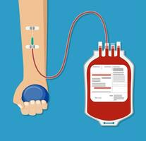 Blood bag and hand of donor with ball. vector