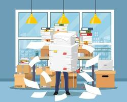 Stressed businessman holds pile papers vector