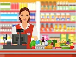 Groceries cashier at work. vector