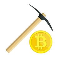 Golden bitcoin and pickaxe vector