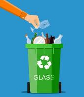 man hand throws garbage into a glass container vector